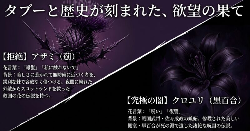 タブーと歴史が刻まれた欲望の果て。アザミが持つ「報復」のメッセージと、クロユリの悲劇的な「呪い」と「復讐」の伝説