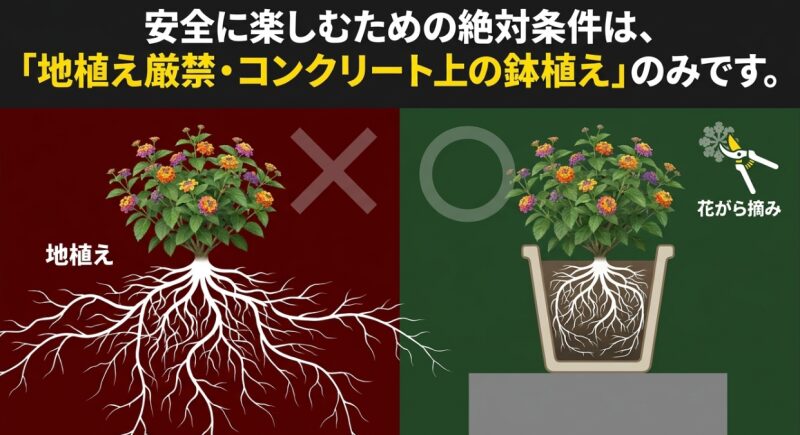 ランタナを安全に楽しむための絶対条件は「地植え厳禁・コンクリート上の鉢植え」のみであると示す根のイラスト