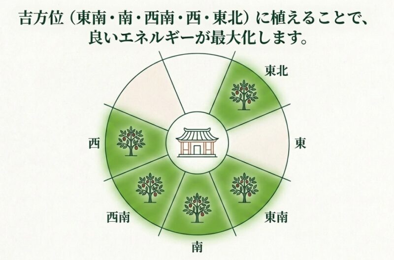 風水の方位盤イラスト。東南、南、西南、西、東北がナツメの吉方位であることを示す