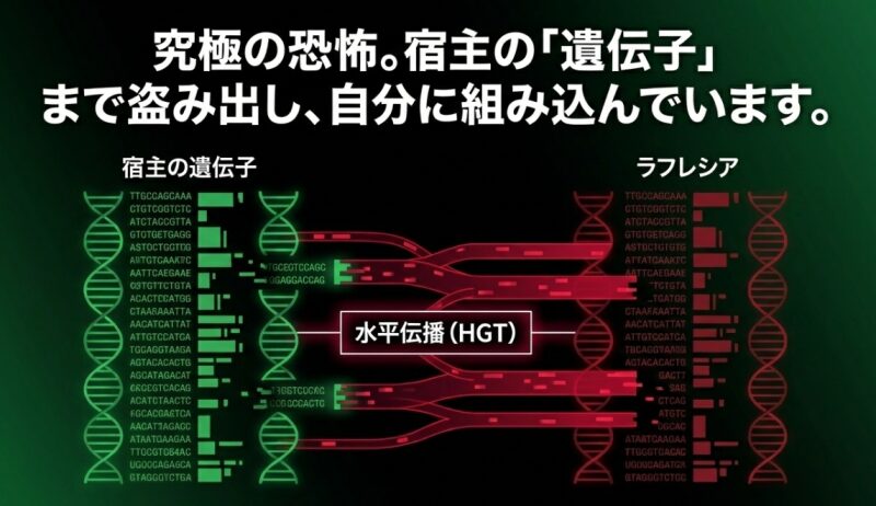 宿主の植物から遺伝子まで盗み出し自身のDNAに組み込む、ラフレシアの水平伝播（HGT）の恐ろしいメカニズムを示す図