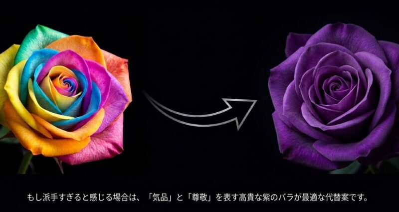 レインボーローズから紫のバラへ矢印が向かっている画像。派手すぎると感じる場合は、気品と尊敬を表す紫のバラが代替案になるという説明
