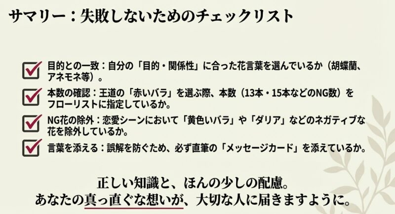 目的との一致、バラの本数の確認、NG花の除外、メッセージカードを添えることの4項目をまとめた、失敗しないためのチェックリストのスライド