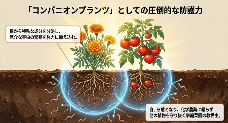 根から特殊な成分を分泌し、厄介な害虫の繁殖を強力に抑え込んで他の植物を守り抜くコンパニオンプランツとしての解説
