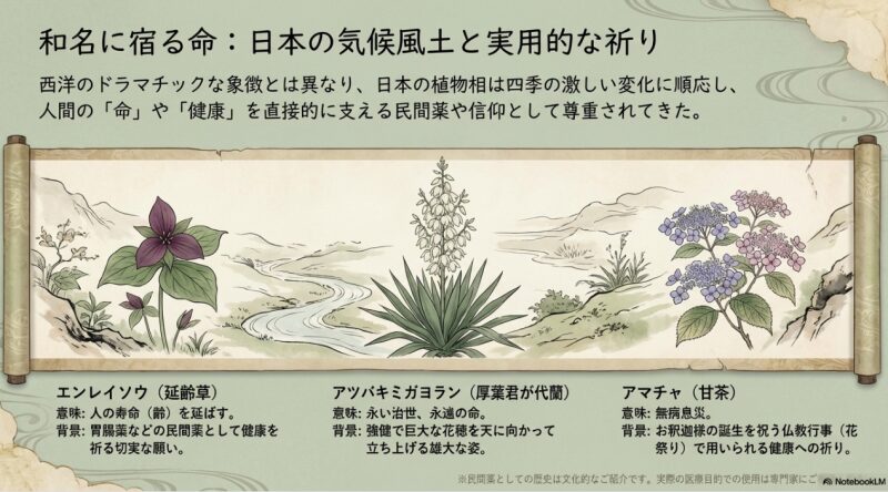 エンレイソウ、アツバキミガヨラン、アマチャなど、四季の激しい変化に順応し、日本の気候風土と健康への実用的な祈りが込められた植物を紹介する和風の絵巻物風イラスト。