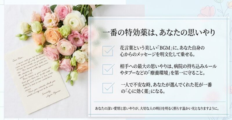 花言葉に心からのメッセージを添え、相手の療養環境を守る配慮と思いやりこそが、一番の心に効く薬であるというまとめの言葉と手紙の画像