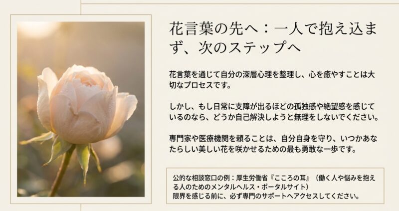 美しい淡いピンクのバラの画像と、限界を感じる前に厚生労働省『こころの耳』などの公的な相談窓口を頼ることを促すメッセージ
