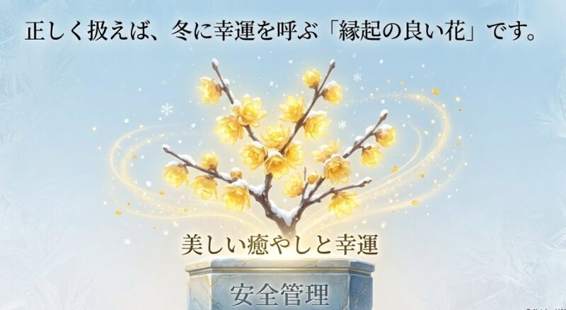 雪の中に咲く美しい黄色い蠟梅のイラストと、正しく扱えば冬に幸運を呼ぶ縁起の良い花であるというメッセージのスライド