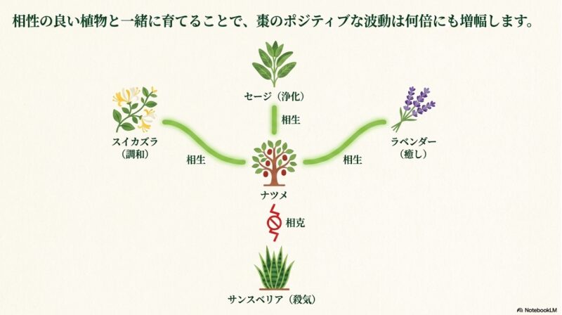 スイカズラやラベンダーなど、ナツメのポジティブな波動を増幅させる相生植物のイラスト