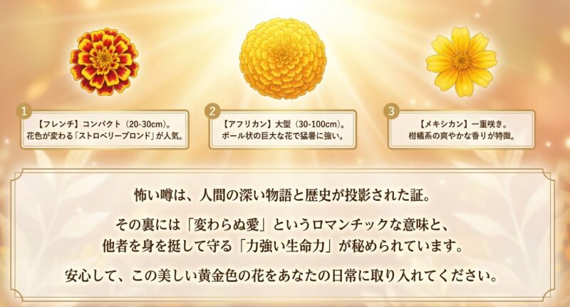 フレンチ、アフリカン、メキシカンというマリーゴールド3種類の特徴と、安心してお花を日常に取り入れてほしいというまとめのメッセージ