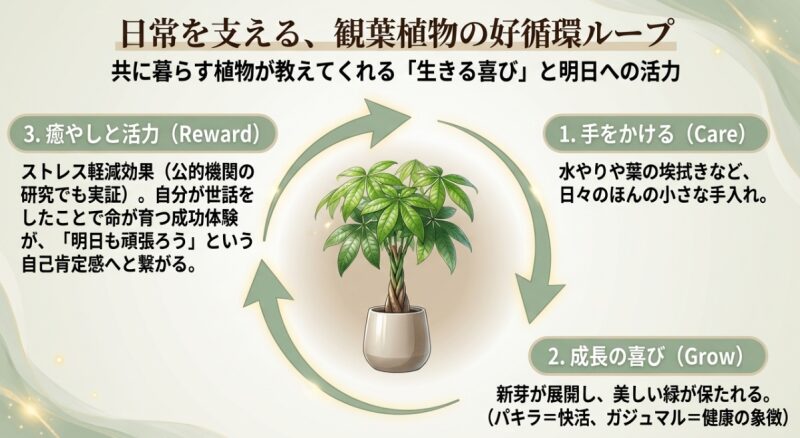 日常を支える観葉植物の好循環ループ。世話、成長の喜び、癒やしと活力