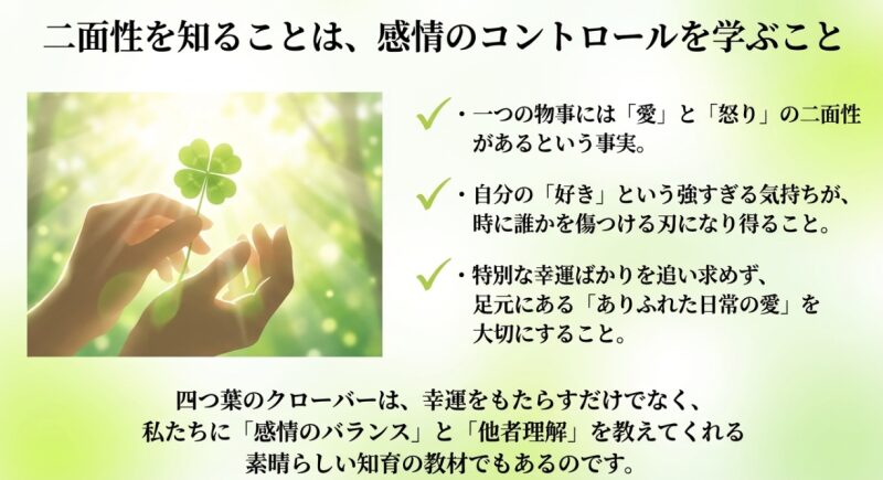四つ葉のクローバーの歴史や二面性を子供に教える情操教育へのメリットをまとめたスライド