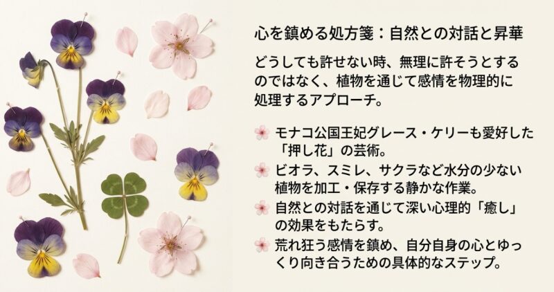 押し花などの植物を加工・保存する作業を通じた、感情の昇華と癒しの効果について解説したスライド。