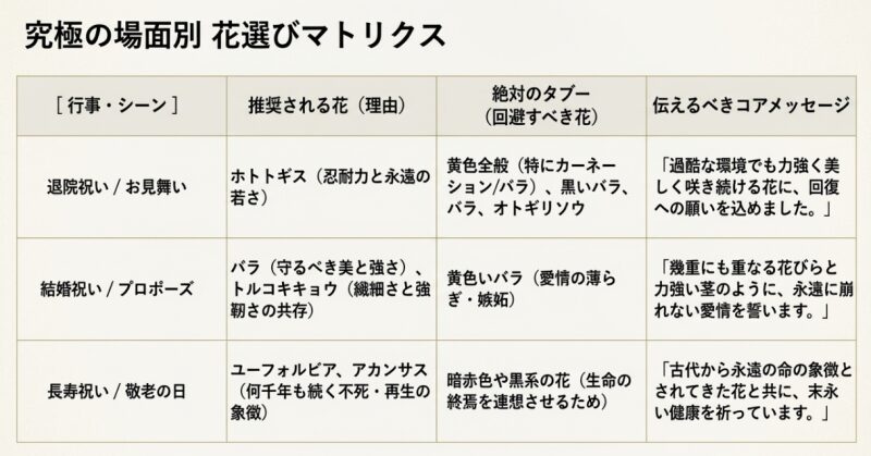 退院祝い、結婚祝い、長寿祝いなどの行事・シーンごとに、推奨されるお花と絶対のタブー（回避すべき花）、相手に伝えるべきコアメッセージをまとめた一覧表。