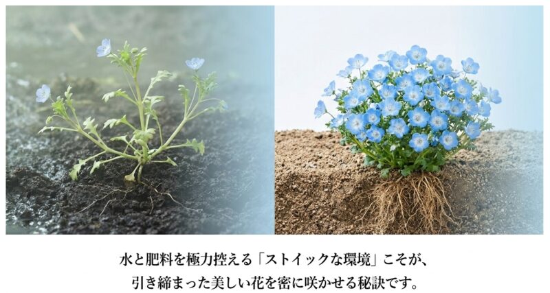 水と肥料を控えたストイックな環境で引き締まって育つネモフィラの比較イメージ