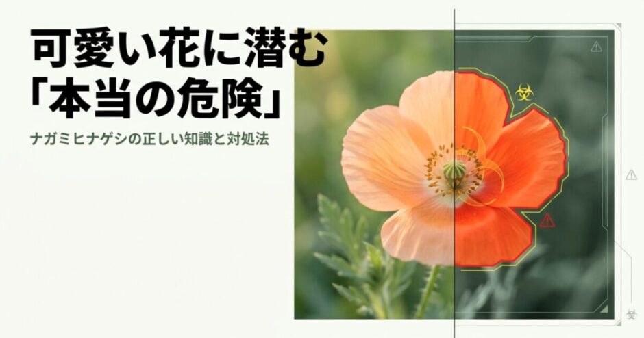 薄オレンジ色の可愛いナガミヒナゲシの花の右半分が、危険を知らせる警告表示に切り替わっているアイキャッチ画像。「可愛い花に潜む本当の危険」および「ナガミヒナゲシの正しい知識と対処法」というタイトル文字