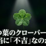 露に濡れた五つ葉のクローバーの写真と、「五つ葉のクローバーは、本当に『不吉』なのか？」というテキスト
