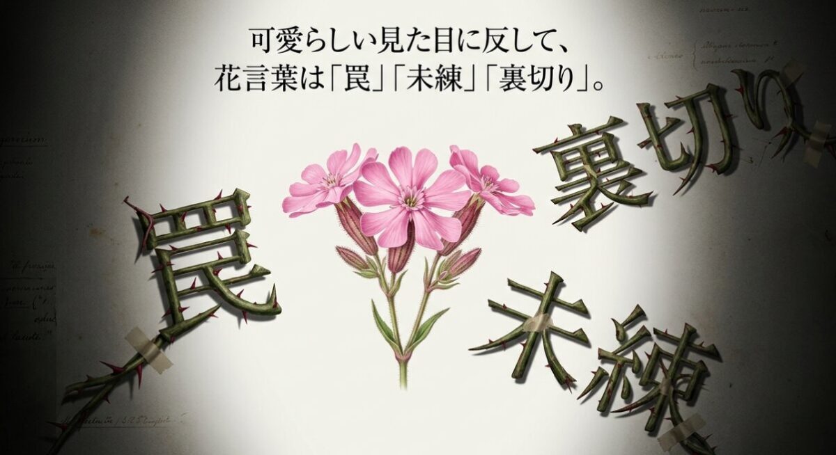 ムシトリナデシコの可愛らしい見た目に反して、花言葉は「罠」「未練」「裏切り」であることを示すスライド