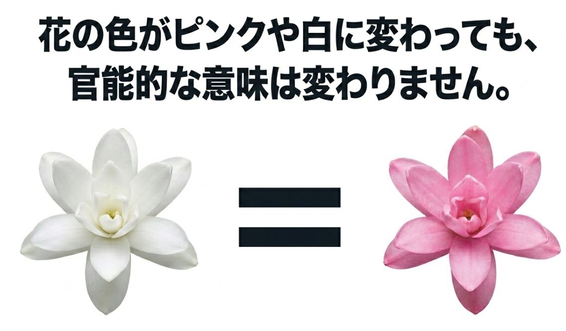 白からピンクに変化するお花のイラスト。「花の色がピンクや白に変わっても、官能的な意味は変わりません。」と記載されている 。