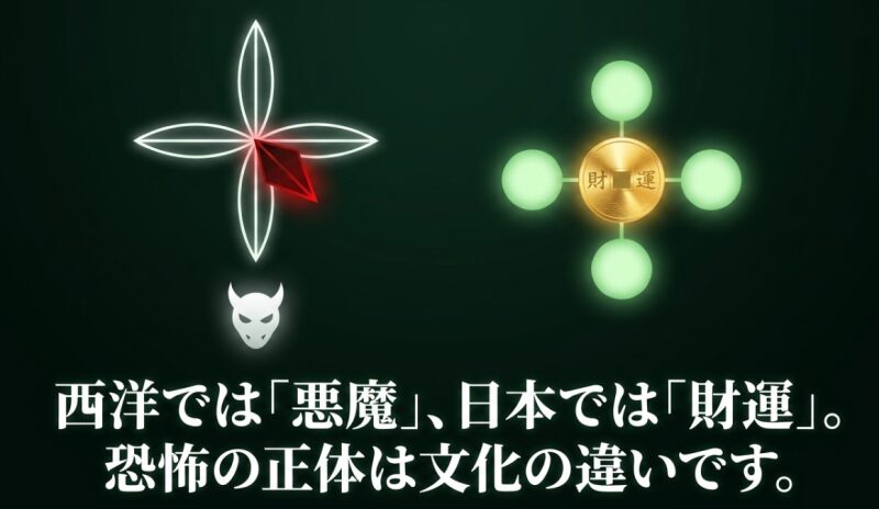 赤く尖った十字架のグラフィックと、財運と書かれたコインのグラフィック。「西洋では『悪魔』、日本では『財運』。恐怖の正体は文化の違いです。」というテキスト