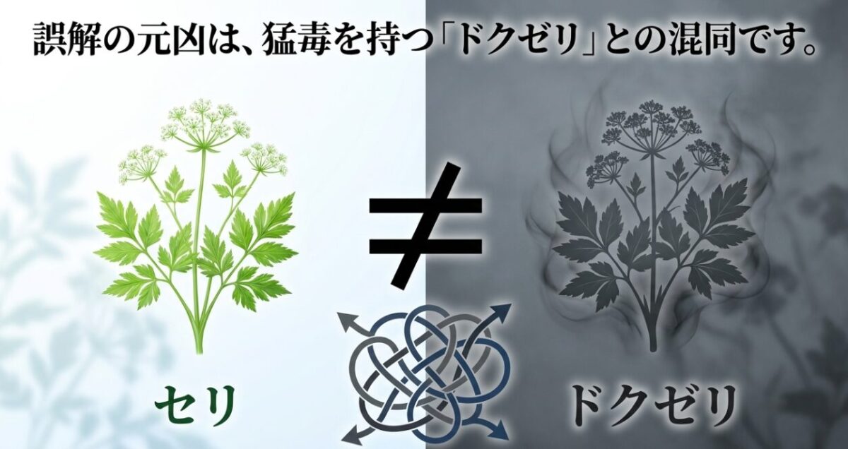 セリとドクゼリは別物であることを示す、ノットイコール記号と絡み合った線のイラスト画像