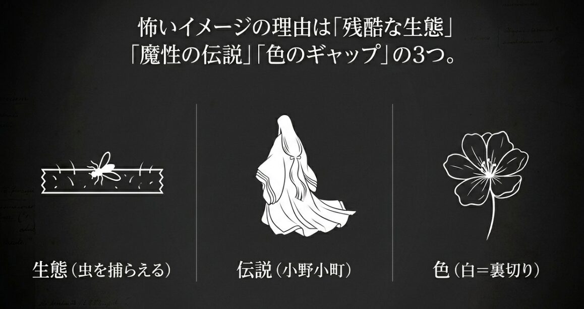 ムシトリナデシコに怖いイメージがある理由は「残酷な生態」「魔性の伝説」「色のギャップ」の3つであることをまとめた図解