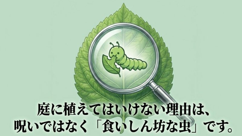 クチナシを庭に植えてはいけないとされる理由は、呪いなどのスピリチュアルなものではなく、食いしん坊な虫が発生しやすいからであることを説明するスライド