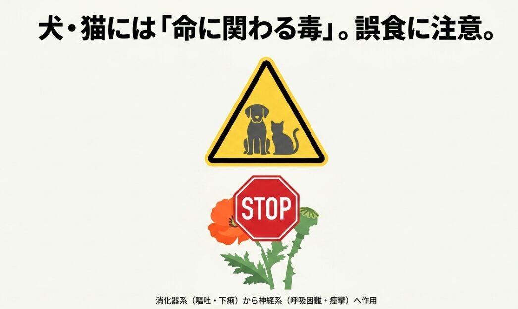 犬と猫のシルエットが描かれた黄色い警告標識と、ナガミヒナゲシの前に「STOP」と書かれた標識のイラスト。「犬・猫には命に関わる毒。誤食に注意。」「消化器系(嘔吐・下痢) から神経系(呼吸困難・痙攣)へ作用」という解説 。