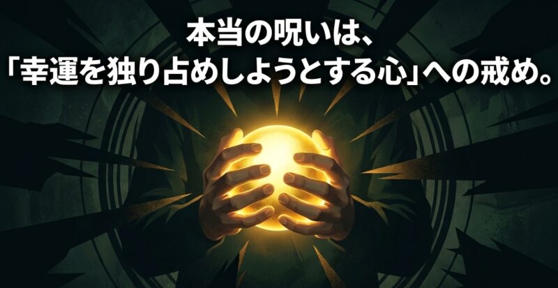 「本当の呪いは、『幸運を独り占めしようとする心』への戒め。」と書かれたテキストスライド