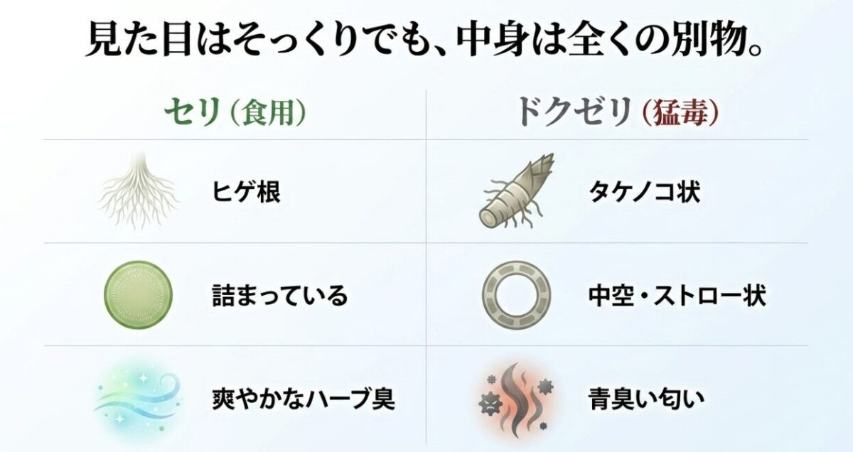 食用のセリと猛毒のドクゼリの特徴（根、茎、匂い）を比較した表のスライド画像