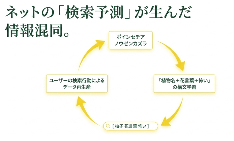ユーザーの検索行動により「植物名＋花言葉＋怖い」の構文が学習され、ポインセチアやノウゼンカズラと混同されるサイクルを図解した画像