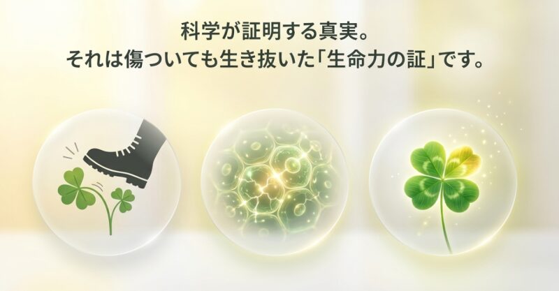 靴で踏まれるクローバーと細胞のグラフィック。「科学が証明する真実。それは傷ついても生き抜いた『生命力の証』です。」というテキスト