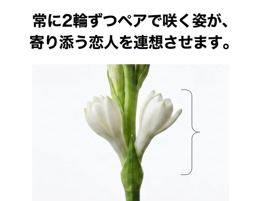 チューベローズが2輪寄り添って咲いている拡大写真。「常に2輪ずつペアで咲く姿が、寄り添う恋人を連想させます。」と書かれている