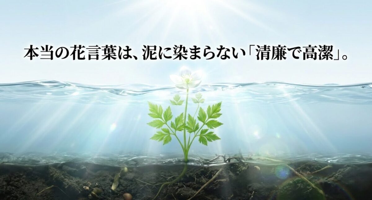 「本当の花言葉は、泥に染まらない清廉で高潔」と書かれたスライド画像