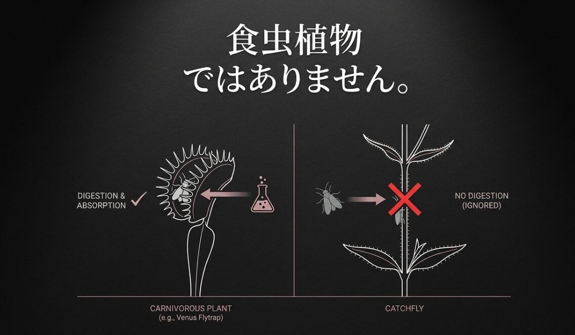 捕らえた虫を消化吸収するハエトリグサなどの食虫植物と、虫を捕らえても消化せず無視するムシトリナデシコの生態の違いを比較した図解