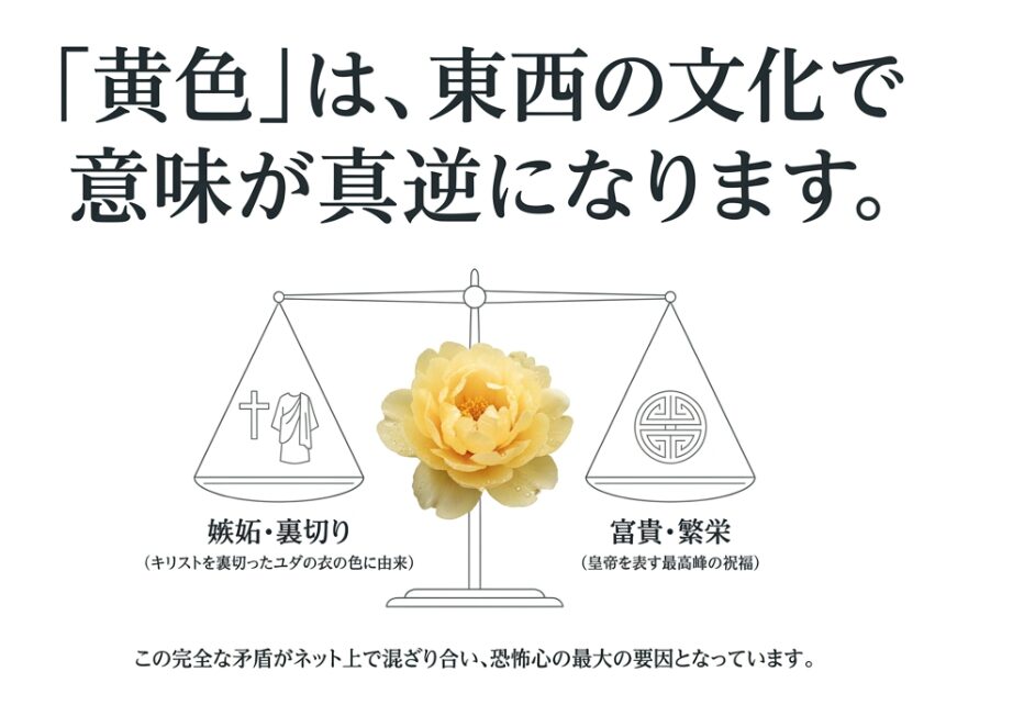 黄色の芍薬が西洋では嫉妬や裏切りを意味し東洋では富貴や繁栄を意味するという文化の矛盾を図解したスライド