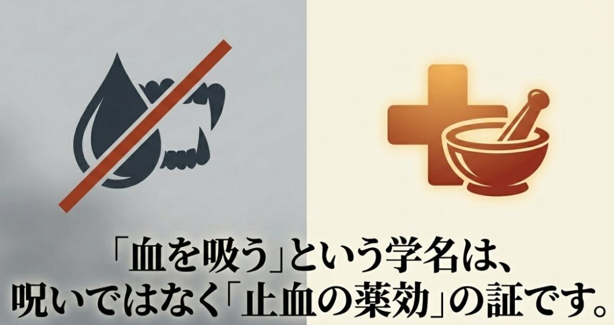 吾亦紅の「血を吸う」という学名は、呪いではなく止血の薬効の証拠であることを解説するスライド