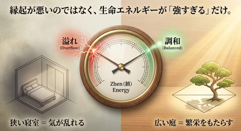 槐は縁起が悪いのではなく、風水的に生命エネルギー（鎮の気）が強すぎるため、配置に注意が必要であることを示す図解。