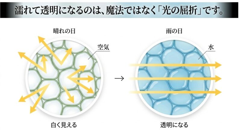 濡れて透明になるのは、魔法ではなく「光の屈折」です。晴れの日は空気が乱反射して白く見え、雨の日は水に満たされて透明になる仕組みの図解スライド画像