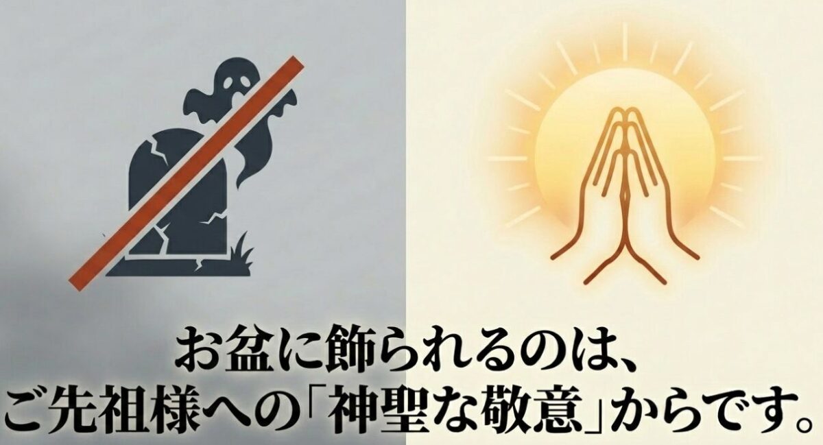 吾亦紅がお盆の盆花として飾られるのは、ご先祖様への神聖な敬意からであることを説明するスライド