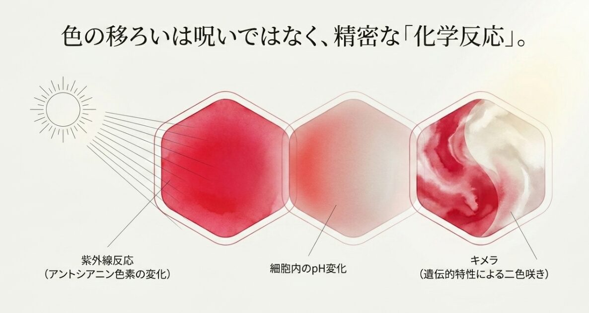 選ぶ色で庭の空気が変わるとして、赤（情念・生命力）、ピンク（愛嬌・調和）、白（潔白・癒し）の意味と代表品種を解説したスライド