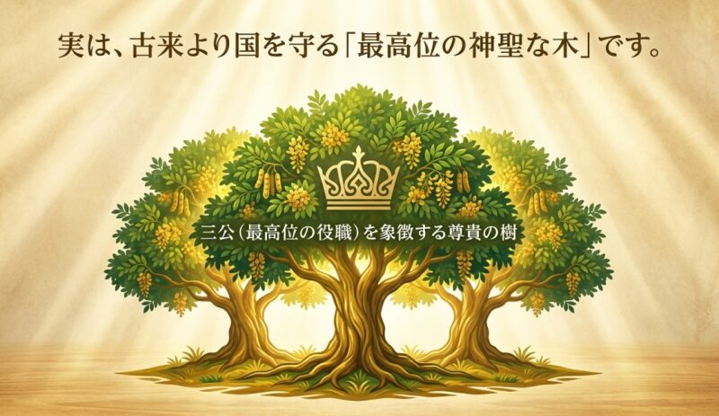 槐は古来中国より国を守る最高位の神聖な木とされ、三公（最高位の役職）を象徴する尊貴の樹であることを解説するスライド。