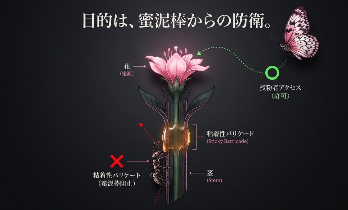 ムシトリナデシコが茎から出す粘着性バリケードでアリなどの蜜泥棒を阻止し、蝶などの授粉者だけを花へアクセスさせる仕組みの図解