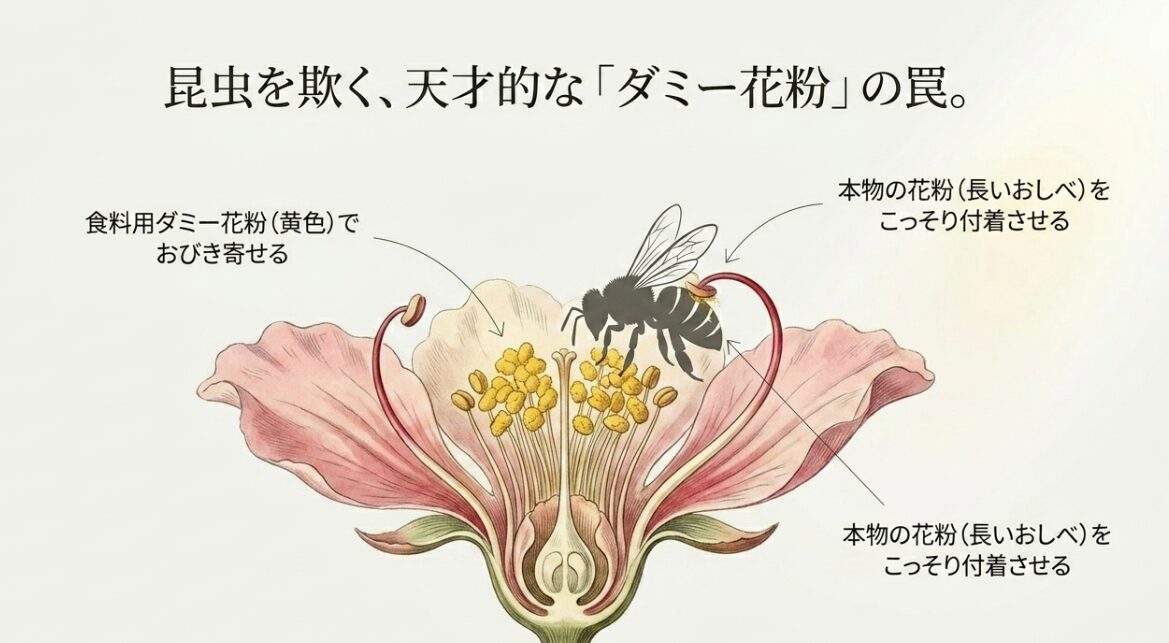 食料用ダミー花粉（黄色）で昆虫をおびき寄せ、本物の花粉をこっそり付着させる罠を図解したスライド