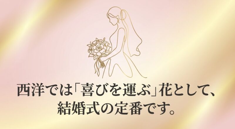 西洋ではクチナシが「喜びを運ぶ」花として結婚式の定番であることを、ブーケを持つ花嫁のイラストとともに伝えるスライド画像