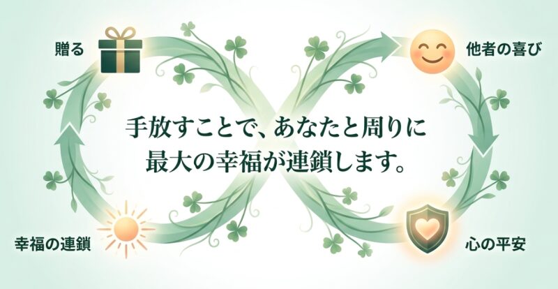 「手放すことで、あなたと周りに最大の幸福が連鎖します。」と書かれたテキストスライド