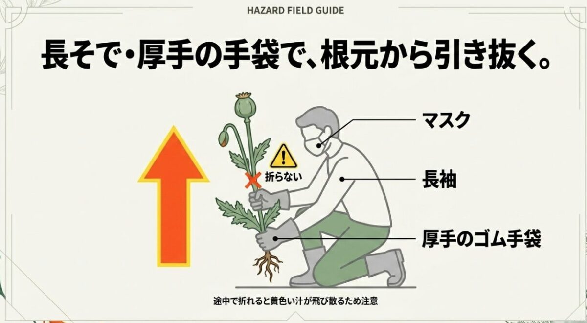 マスク、長袖、厚手のゴム手袋を着用した人物が、植物を根元から引き抜いているイラスト。「長そで・厚手の手袋で、根元から引き抜く。」「途中で折れると黄色い汁が飛び散るため注意」「折らない」という実践的な注意書き 。