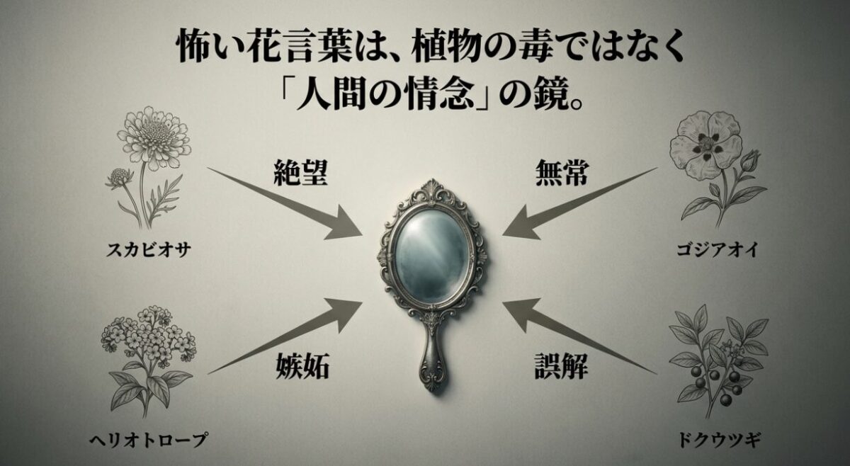 絶望や嫉妬などの情念を表す怖い花言葉を持つ花々（スカビオサ、ヘリオトロープなど）を描いたスライド画像