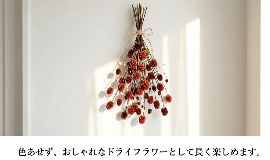 吾亦紅は色あせず、おしゃれなドライフラワーとして長く楽しめることを紹介するスライド