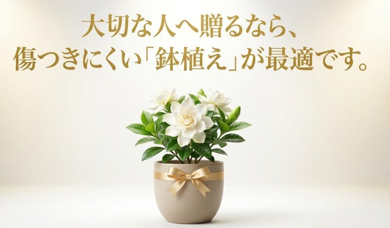 大切な人へクチナシを贈るなら、花が傷つきにくいリボン付きの鉢植えが最適であることを提案するスライド画像