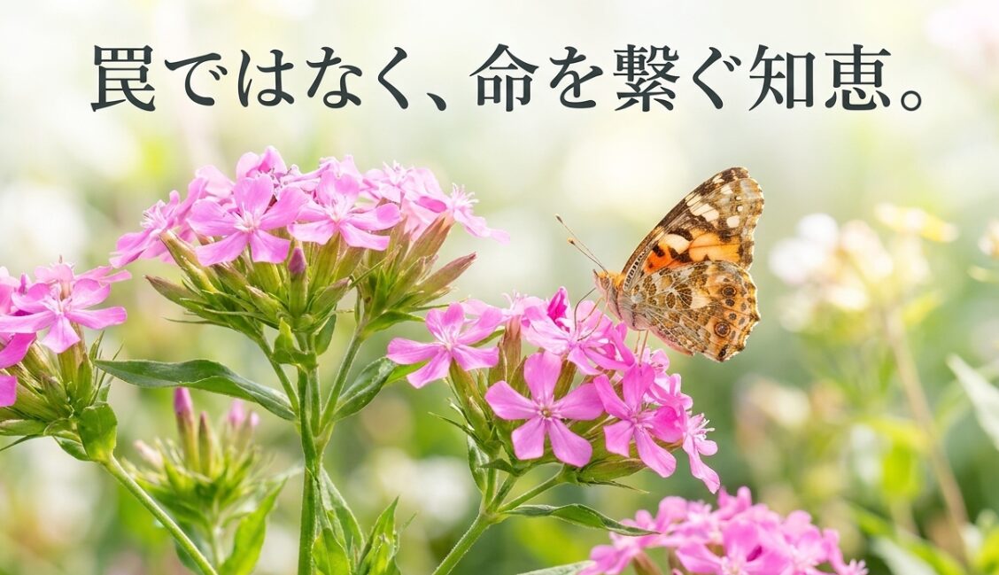 美しいピンク色のムシトリナデシコの花に蝶が止まっている様子と、虫を捕らえるのは罠ではなく命を繋ぐための知恵であるというメッセージ